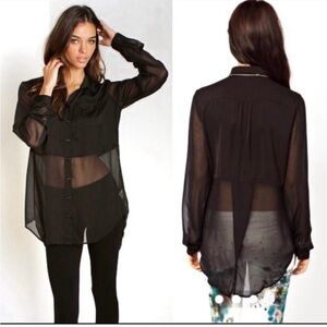 Free People Best of Both Worlds Black Sheer Long Sleeve Split Back Small Top